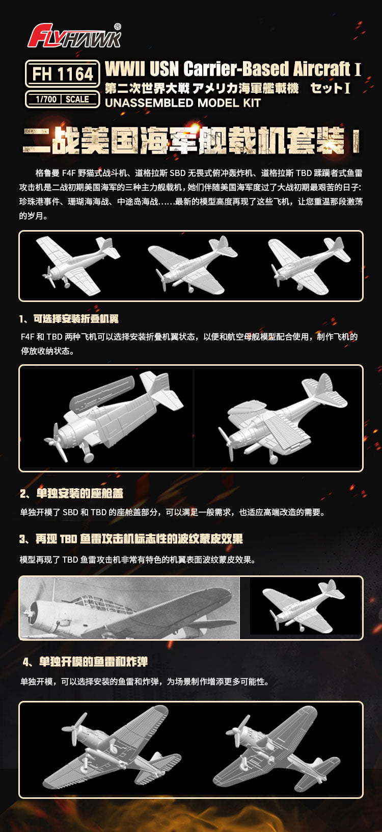 Flyhawk FH1164 1/700 WWII USN Carrier-Based Aircraft I Plastic Model Kit Secondary image