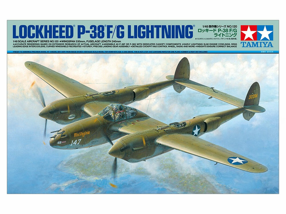 Tamiya 61120 1/48 Scale Model Aircraft Kit WWII USAF Lockheed P-38 F/G Lightning Main image