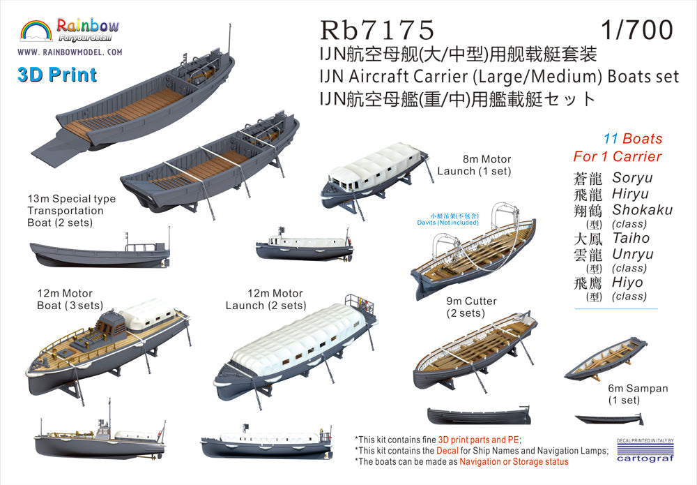 Rainbow RB7175 1/700Detail Up IJN Aircraft Carrier (Large/Medium) Boats set [3DP+PE+Decal] — scale model kit