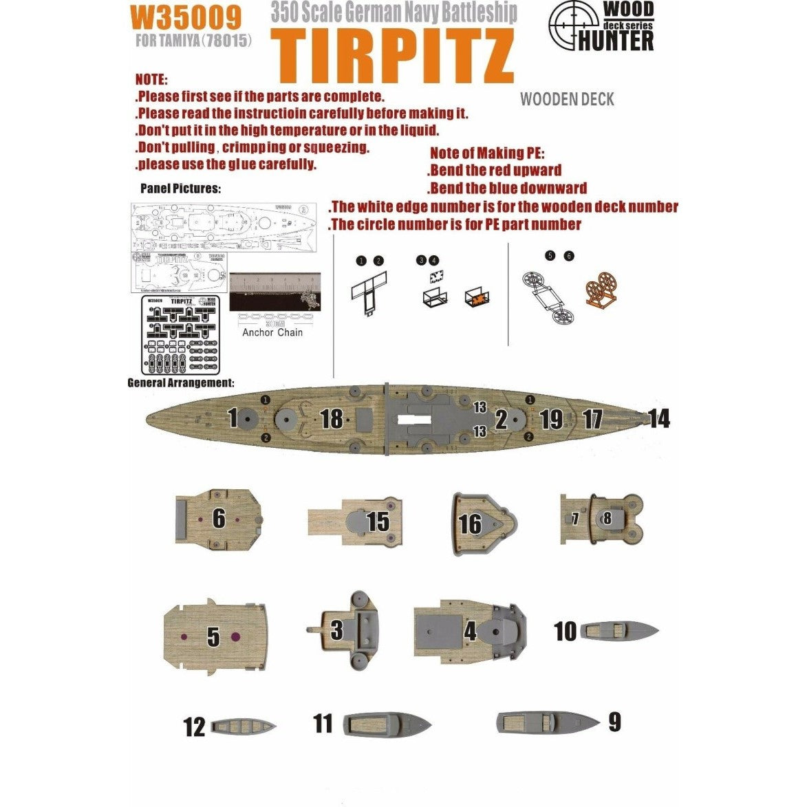 Hunter W35009 1/350 Wood Deck German Battleship TIRPITZ FOR TAMIYA 78015 — scale model kit