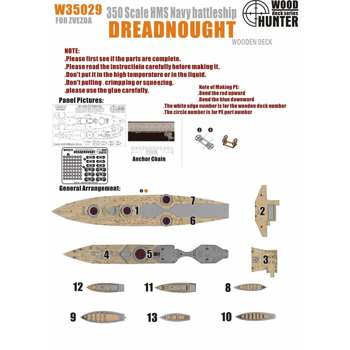 Hunter W35029 1/350 Wood Deck HMS BATTLESHIP DREADNOUGHT FOR ZVEZDA 9039 Main image
