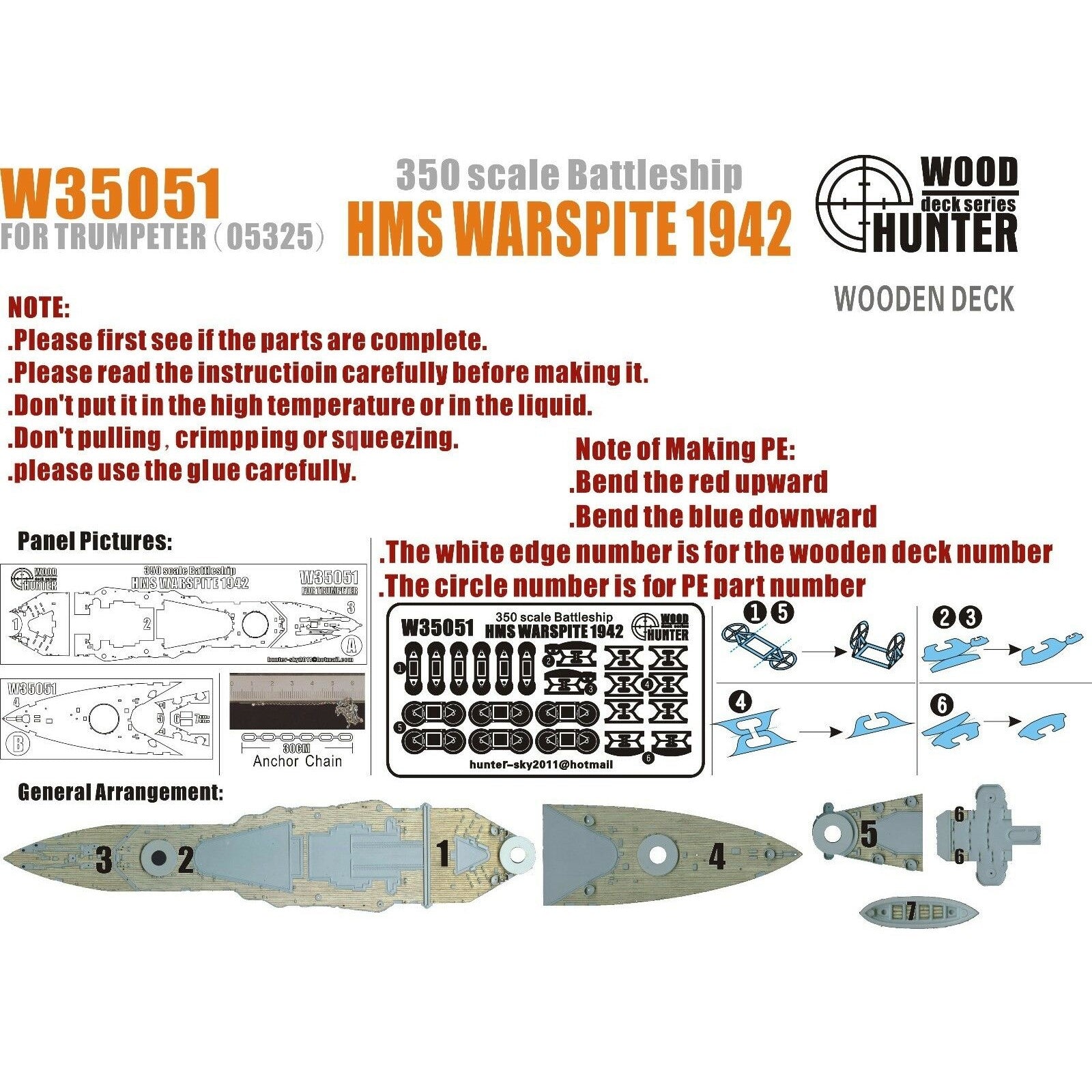 Hunter W35051 1/350 Wood Deck BATTLESHIP HMS WARSPITE 1942 FOR TRUMPETER 05325 — scale model kit