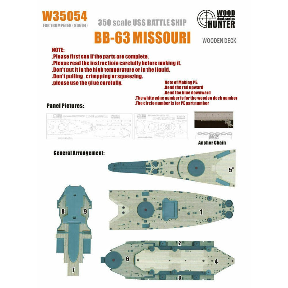 Hunter W35054 1/350 Wood Deck USS BATTLR SHIP BB-63 MISSOURI FOR TRUMPETER 80604 — scale model kit