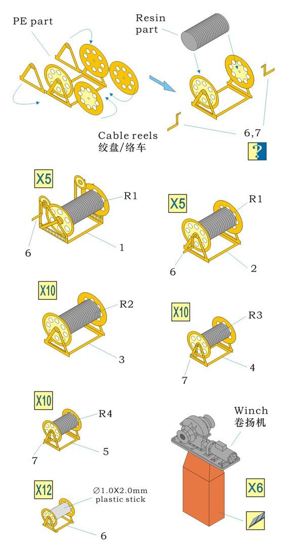 Rainbow RB7105 1/700 Detail Up IJN Cable Reels & Winch [1PE, 40+6Resin parts] — scale model kit