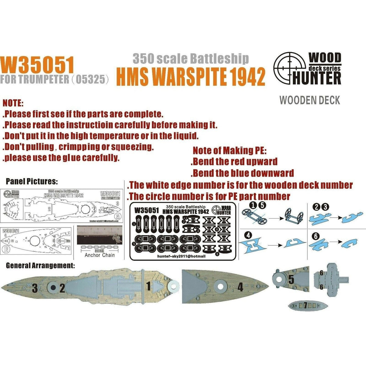 W35051 1/350 Wood Deck BATTLESHIP HMS WARSPITE 1942 FOR Trumpeter 05325 — detail view 3
