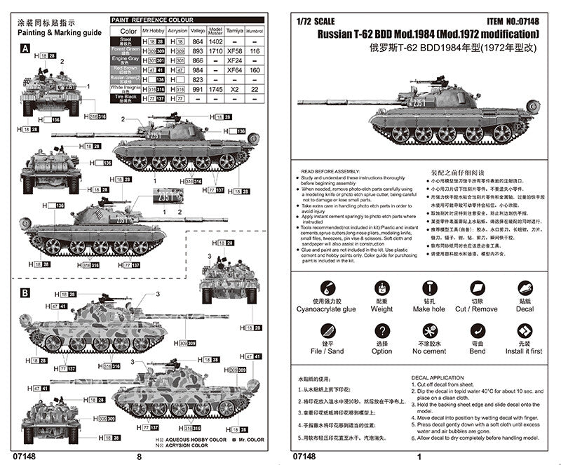 Trumpeter 07148 1/72 Russian T-62 BDD Mod.1984 (Mod.1972 modification)