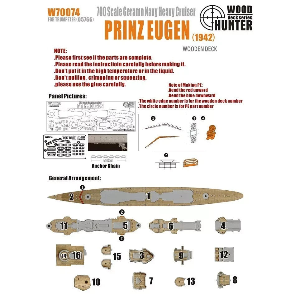 Hunter W70074 1/700 Wood Deck German cruiser PRINZ EUGEN FOR TRUMPETER 05766 — scale model kit