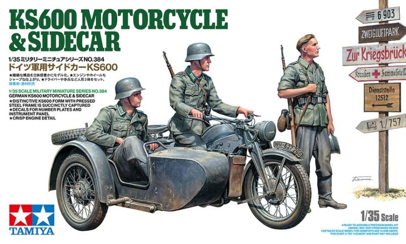 Tamiya 35384 1/35 Scale Military Model Kit WWII German KS600 Motorcycle &Sidecar — scale model kit