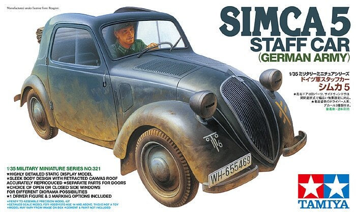 Tamiya 35321 1/35 Scale Military Model Kit WWII German Army SIMCA 5 Staff Car — scale model kit