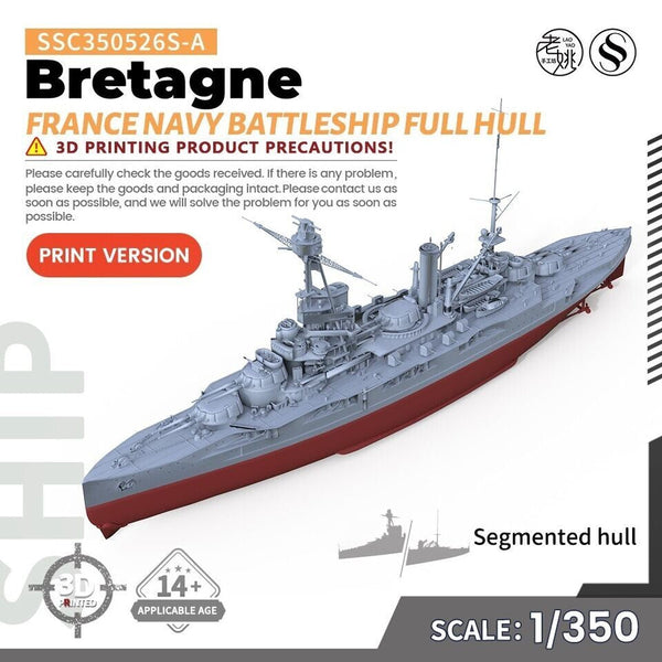 SSMODEL MRY-SFW SSC350526S-A 1/350 Military France Navy Bretagne Battleship Full Hull