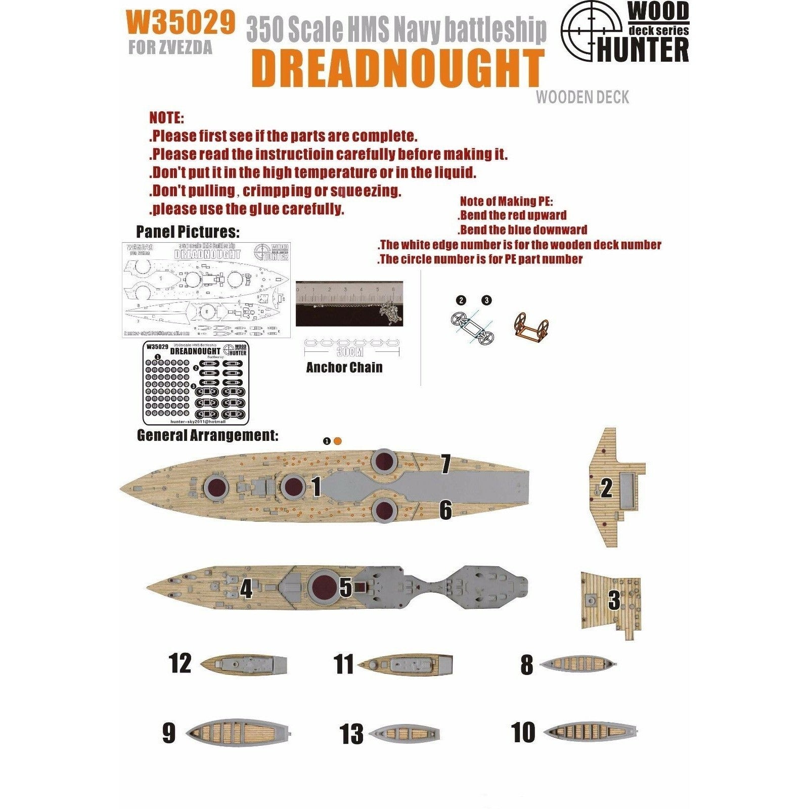 Hunter W35029 1/350 Wood Deck HMS BATTLESHIP DREADNOUGHT FOR ZVEZDA 9039 — scale model kit